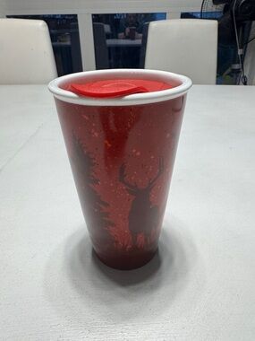 TIM HORTONS RED MOOSE DEER FOREST CERAMIC COFFEE TUMBLER MUG & LID 2017 ORIGINAL